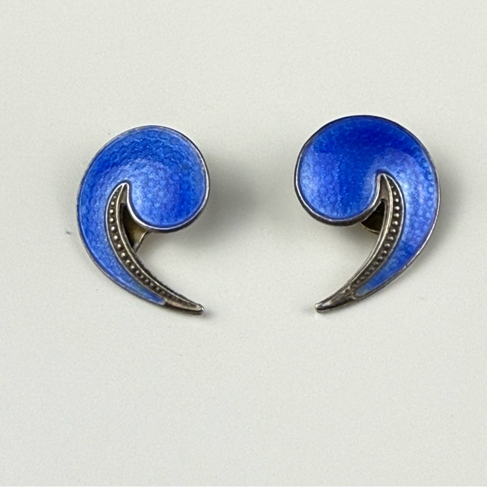 925 Sterling Silver Albert Scharning Blue Enamel Clip On Earrings Very Old